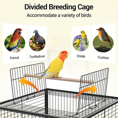 63 Inch Bird Cage with Wooden Perches, Standing Wrought Iron Birdcage Large Parrot Flight Bird Cage with Rolling Stand Birdcages for Cockatiels African Grey Quaker Lovebird Canary Budgie Finch Black