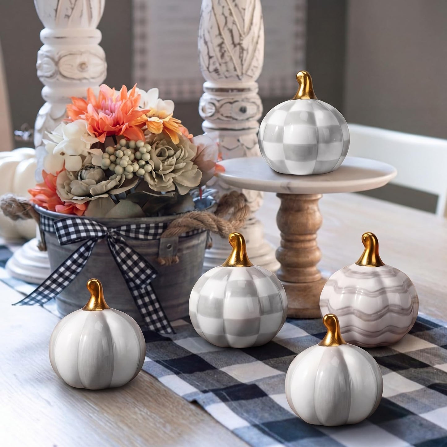 DoubleFill 6 Pcs Gray and White Check Ceramic Pumpkins Fall Farmhouse Table Centerpiece Porcelain Pumpkin Tiered Tray and Mantel Ornaments for Indoor Thanksgiving Autumn Decor