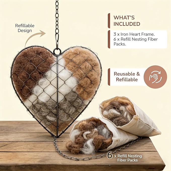 2026 New Handmade Alpaca Fiber Bird Nesting Heart,Refillable Alpaca Bird Nesting Material,Nesting Material for Wild Birds and Hummingbirds for Fowl Gifts Animal Hummingbirds Lovers (3pcs)