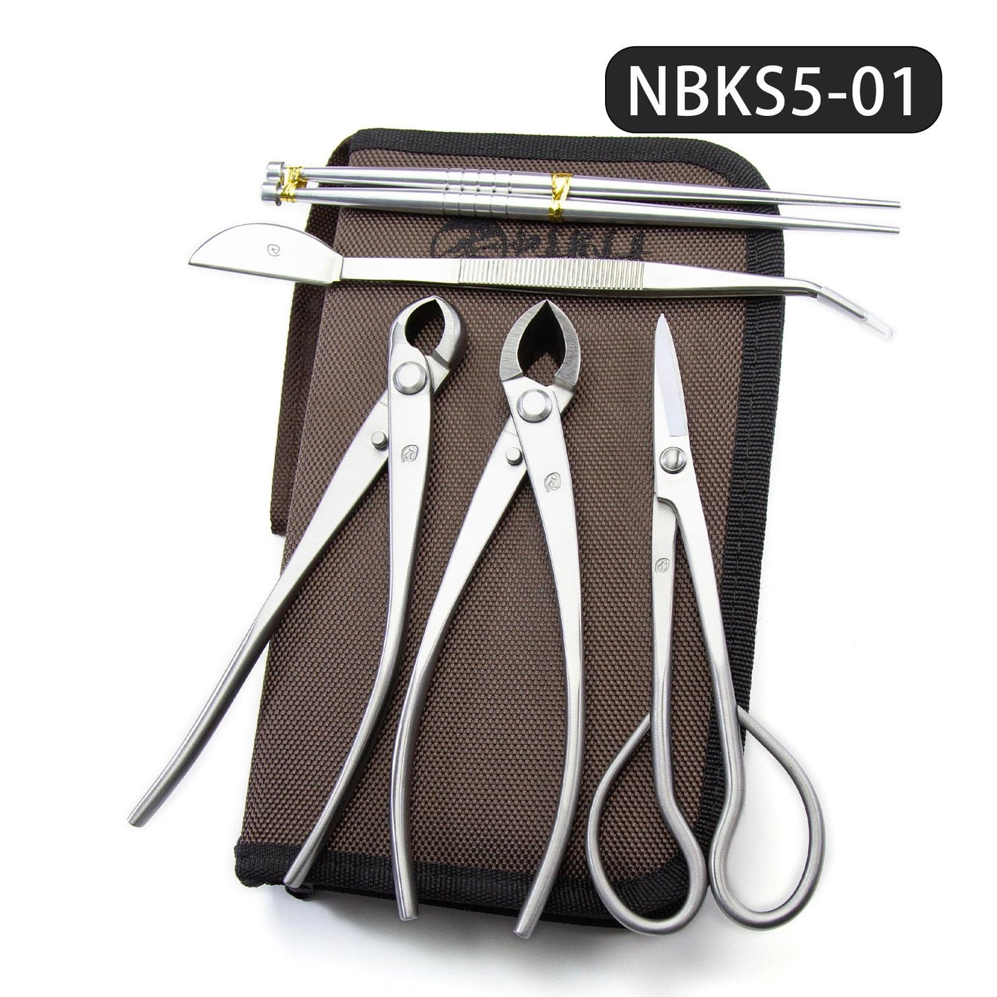 Small Size TianBonsai Bonsai Tools 5-Piece Alloy Steel Bonsai tool Kit In Cluding 180mm Long Handle Scissors / 180mm Branch Cutter / 180mm Knob Cutter / 200mm Straight Root Hook / Tweezers (NBKS5-01)
