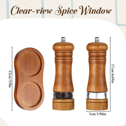 MySHUCE 2 Pack Wooden Salt and Pepper Grinder With Salt & Pepper Mill Tray, Adjustable Ceramic Grinding Rotor Manual Spice Grinder Refillable Salt Mill Sets with Acrylic Visible Window for Home Cooks