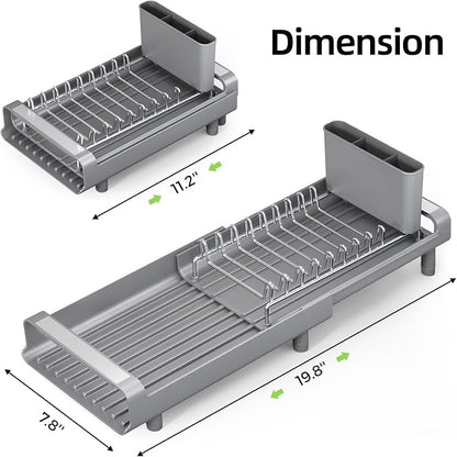 TOOLF Small Dish Drying Rack, Mini Expandable Compact Dish Rack, Slim Extendable Stainless Steel Dish Drainer for Kitchen Plate Storage, Space Saving Dish Strainer in Sink or on Home Countertop, Gray