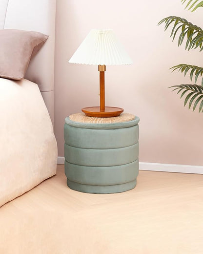 B FSOBEIIALEO Round Velvet Storage Ottoman with Tray, Folding Ottoman with Storage Coffee Table Foot Rest for Dorm Room, Living Room Sage, 15.35"x15.35"x14.57"