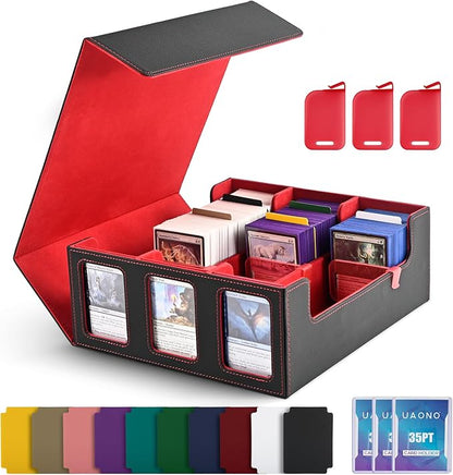 UAONO Card Storage Box for Trading Cards, 1800+ Commander Deck Box for MTG with Display Window, Toploader Card Case fits Magic TCG PTCG Sports Cards; 10 Removable Divider, 3 Stoppers (Black, Red)