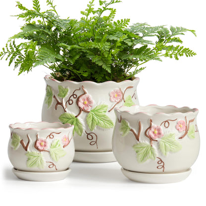 STHIE Ceramic Plant Pots with Drainage Holes and Saucers, Round Flower Pots for Indoor Plant, 4/5.2/6.6 Inches Vintage Flower Planters Set of 3