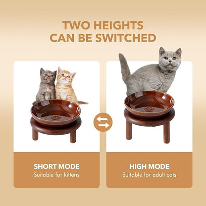 Havniva Elevated Cat Bowls Raised Ceramic Cat Bowl, 5.7” Wide Opening Cat Food Bowl Whisker Friendly Cat Dish Anti-Slip with Wood Stand, Shallow Pet Food & Water Bowl for Indoor Cats