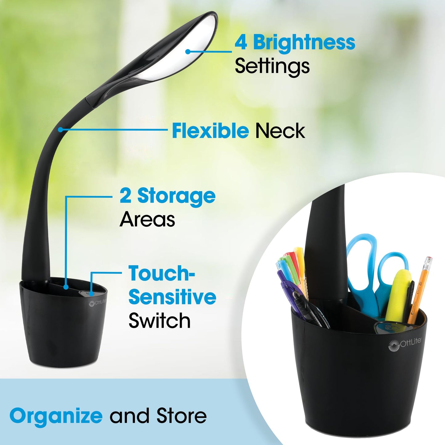 OttLite LED Desk Space Organizer Lamp - 4 Brightness Levels, Additional Storage, Great for Workstation, Offices, Dorms