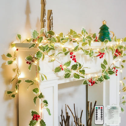 suddus 40 LED Battery Powered Christmas Fairy Lights, 12.5ft Vine String with Red Berries & Holly Leaf, Ideal for Xmas Decor