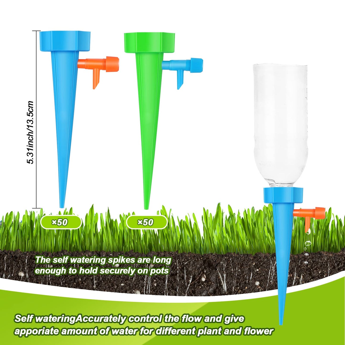 100 Pcs Self Watering Spikes Adjustable Plant Watering Spikes Automatic Plant Waterer Auto Drippers Irrigation Devices with Slow Release Control Valve Switch for Indoor Outdoor Garden Houseplant