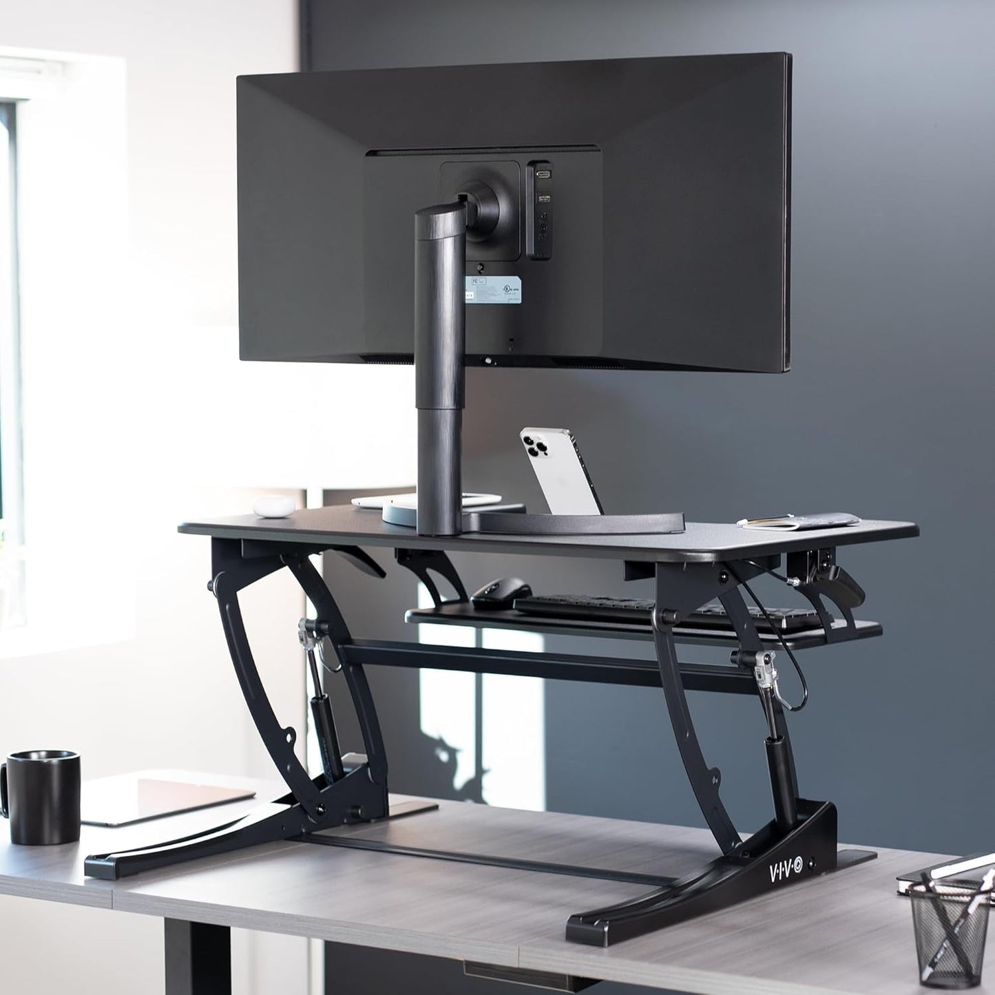 VIVO 32 inch Height Adjustable Stand Up Desk Converter, V Series, Quick Sit to Stand Tabletop Dual Monitor Riser Workstation, Black, DESK-V000VS
