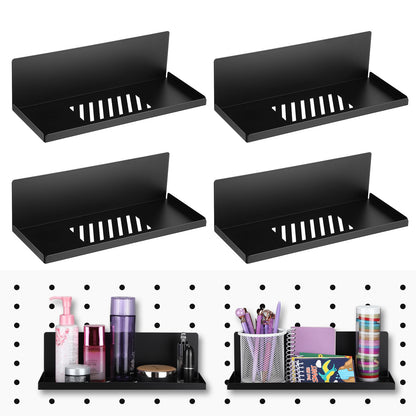 Therwen 4 Pack Magnetic Pegboard Shelves Wall Organizer Metal Pegboard Shelf Steel Tray Accessories Organizing Tools for Craft Home Kitchen(12 x 4.8 x 3.6 Inches,Black)