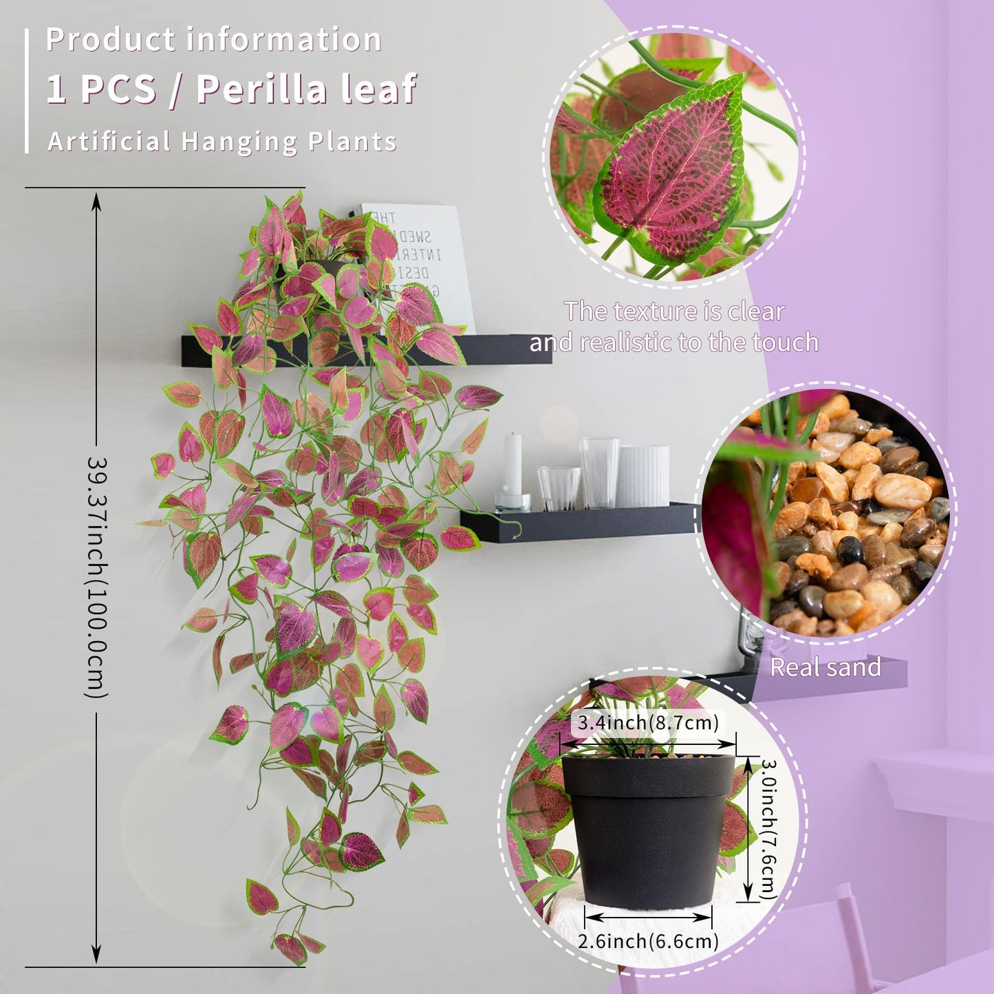 LOYWREE 3 Pack Artificial Purple Ivy Hanging Vine Plants - Small Potted Long Trailing Cascading Foliage, Gothic Home Decor for Indoor/Outdoor, Office, Garden & Shelf (Black Pot Included)
