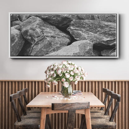 Renditions Gallery Floater Framed Home Décor Black Textured Rock Painting Canvas Hanging Decoration for Lounge Kitchen Bedroom - 20"x50" White Frame LT621