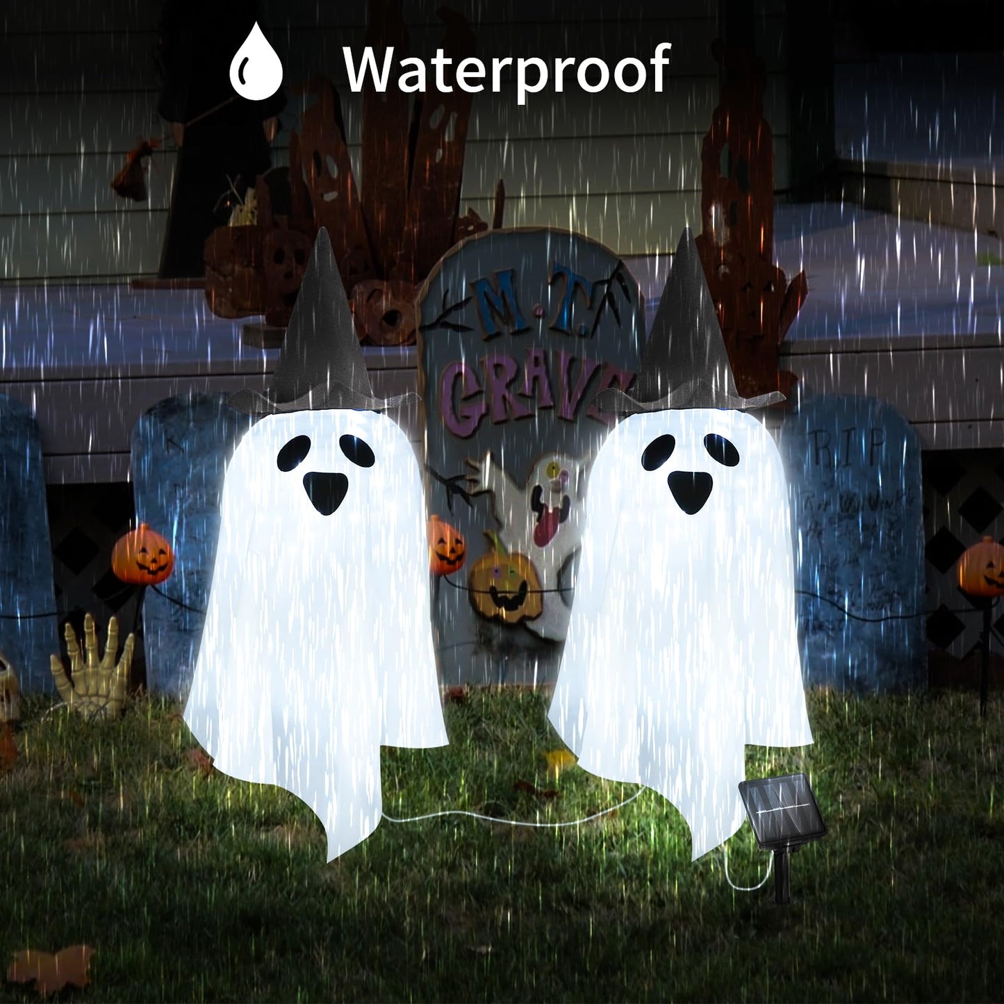 DAYLIGHTIR Solar Halloween Ghost LED Lights Outdoor, Set of 2 Big Ghost with Hat Stake Lights 2 Modes for Outdoor Halloween Pathway Yard Garden Decoration (Cool White-Ghost, 2 Pack)