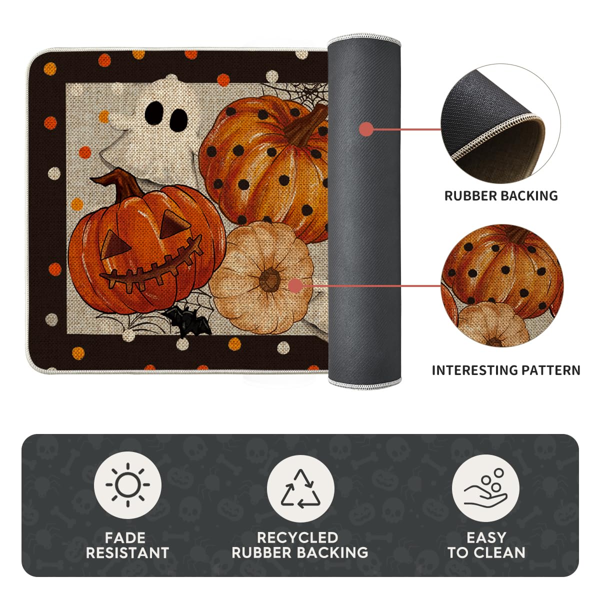 Artoid Mode Black Ghost Spooky Jack-O'-Lantern Pumpkin Halloween Kitchen Mats Set of 2, Low-Profile Home Decor Kitchen Rugs for Floor - 17x29 and 17x47 Inch