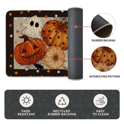 Artoid Mode Black Ghost Spooky Jack-O'-Lantern Pumpkin Halloween Kitchen Mats Set of 2, Low-Profile Home Decor Kitchen Rugs for Floor - 17x29 and 17x47 Inch