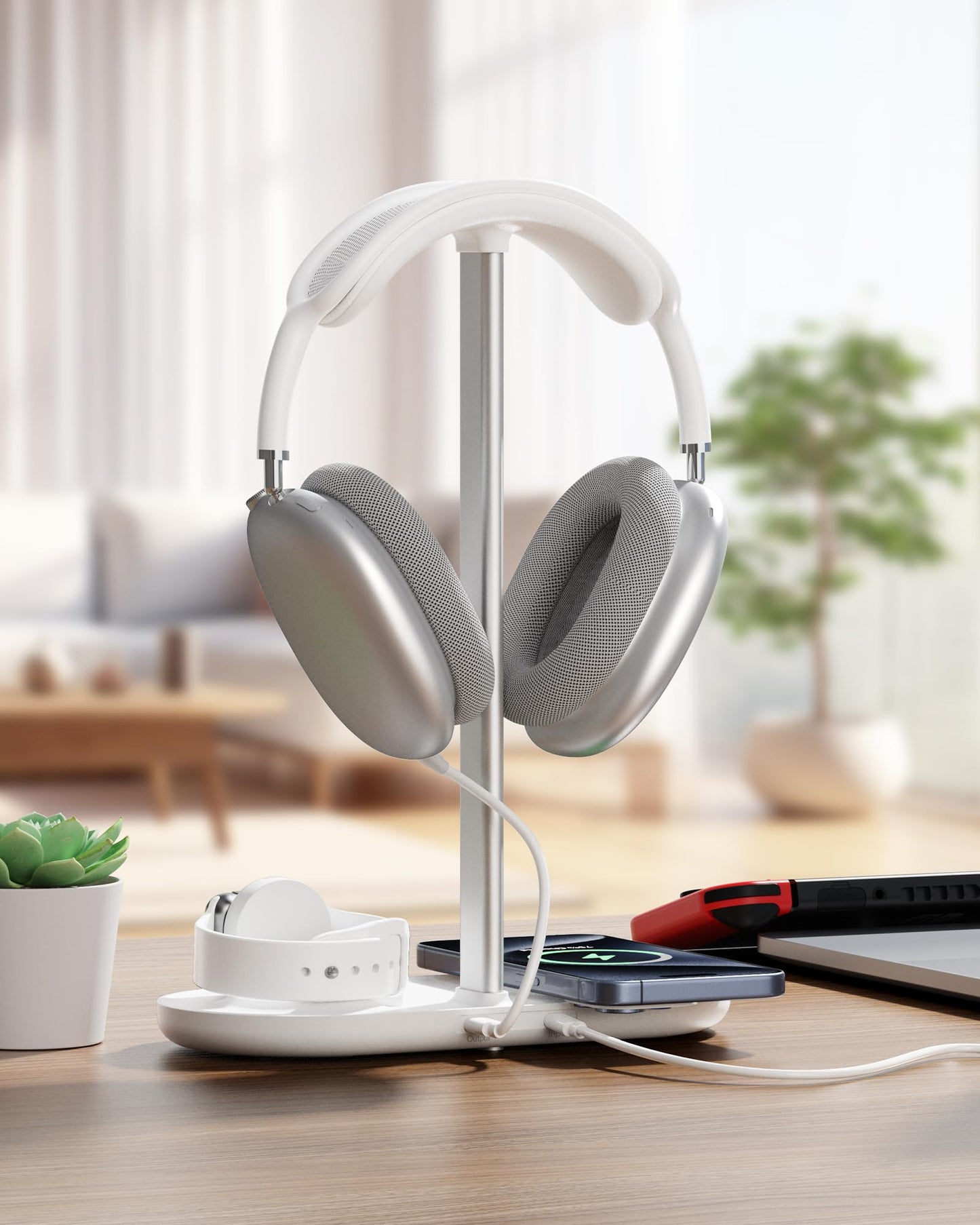 Universal Headphone Stand, Magnetic Wireless Charger for iPhones/AirPods/iWatch, Aluminum Alloy Rod, Leather Pad, ABS Solid Base, White