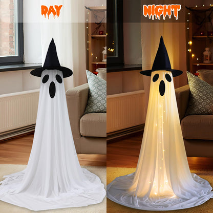 2PCS Halloween Ghosts Decorations Outdoor/Indoor, Large Adjustable Height Lighted White Cloth Ghosts with Adjustable String Lights Battery Operated Halloween Party Home Porch Yard Decorations