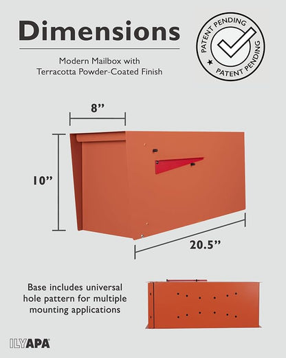 Ilyapa Modern Mailbox for Outside Post Mount - Terracotta Heavy Duty Powder Coated Metal Mailbox, Waterproof Letter Box for Parcels