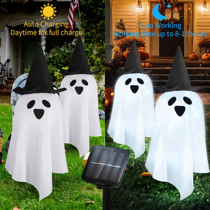 DAYLIGHTIR Solar Halloween Ghost LED Lights Outdoor, Set of 2 Big Ghost with Hat Stake Lights 2 Modes for Outdoor Halloween Pathway Yard Garden Decoration (Cool White-Ghost, 2 Pack)