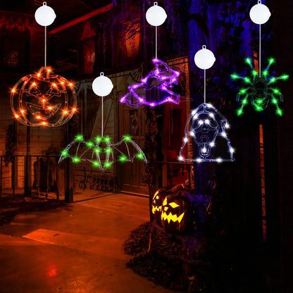 Wlicon 5 PCS Halloween Lights Decorations Green Spider Orange Pumpkin White Ghost Purple Witch Green bat with Suction Cups and Battery Operated Halloween Lights with Timer for Window House Decoration