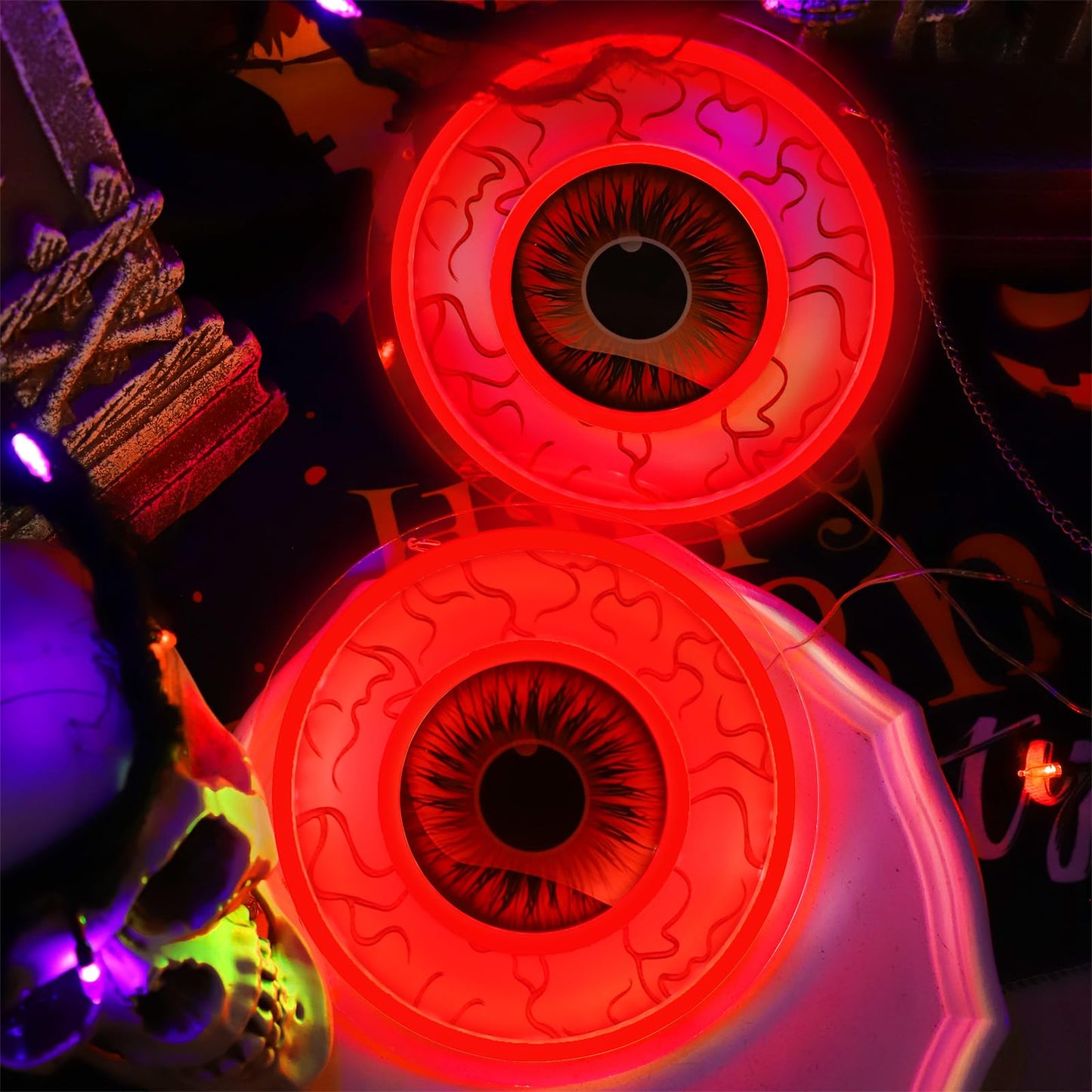 Halloween Window Decorations Indoor Lights, Eyeball Shaped Neon Signs, Red Led Lights Battery Operated Or USB Powered,Cute Gothic Decor for Home, Room, Wall, Office, Mental(2Pack)