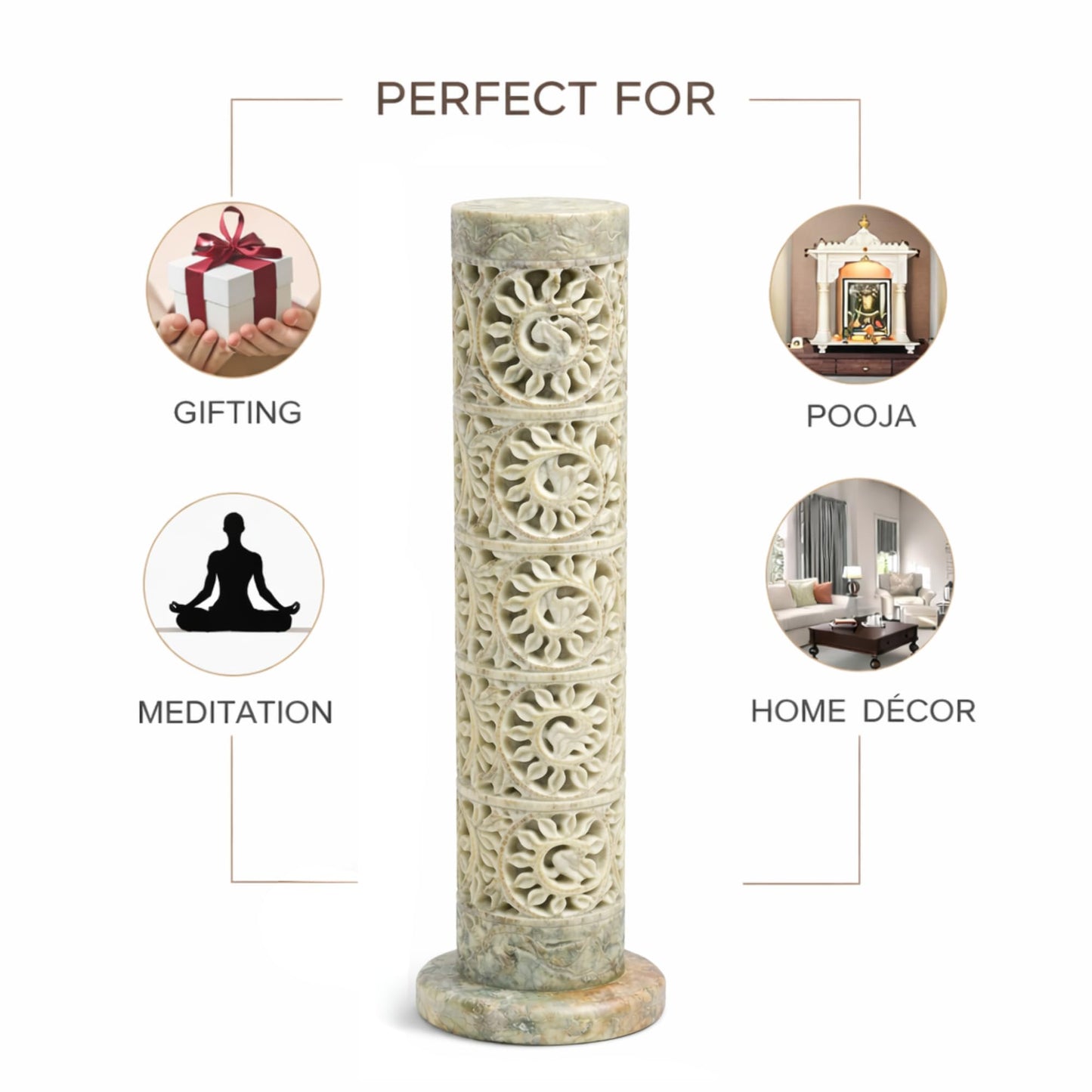 Carry Me Marble Soapstone Incense Stick Holder | Candle Burner | Tea Light Holder - Perfect Handmade Floral Carving for Gifting. Decorative Home and Office Decor.(3 x 3 x 11 Inches)
