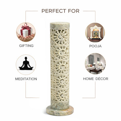 Carry Me Marble Soapstone Incense Stick Holder | Candle Burner | Tea Light Holder - Perfect Handmade Floral Carving for Gifting. Decorative Home and Office Decor.(3 x 3 x 11 Inches)