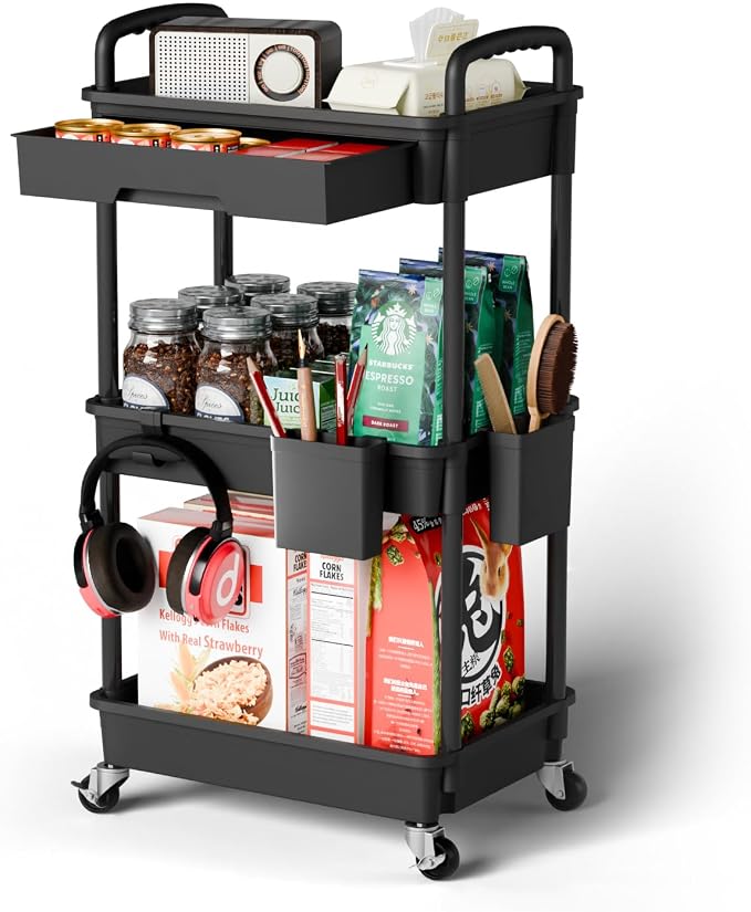 Sorgion 3 Tier Rolling Cart Organizer,Laundry Room Bathroom Organizers and Storage Office Shelves Mobile Shelving Unit Kitchen Trolley Cart with Wheels for Art,Craft,Diaper,Bedside,Snack(Black)