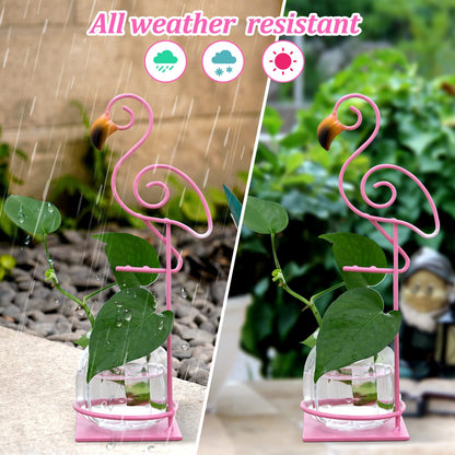 Joyathome Desktop Glass Planter Vase Holder, esktop Glass Planter Hydroponics Vase，Metal Flamingo Plant Terrarium， Stand for Plants Creative Decorations for Home Patio Lawn Garden