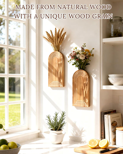 Wooden Wall Vase Set of 2 - Boho Natural Wood Wall Hanging Planter for Plants & Flowers,Modern Farmhouse Wall-Mounted Planters for Living Room,Entryway,Kitchen,Patio,Hallway,Wall Art for Home Decor
