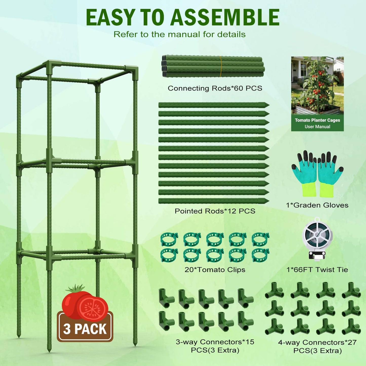 Uyittour 3 Pack Square Tomato Cages for Garden, 45" Heavy Duty Tomato Trellis Plant Support Cages for Raised Garden Bed Climbing Vegetables, Set with Garden Gloves, 20 Clips & 65FT Tie Wire