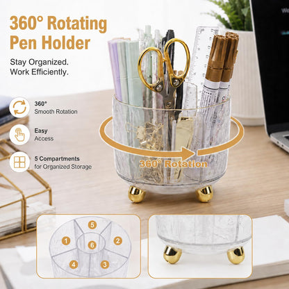 Office Desk Accessories Supplies - 11 Pcs Gold Desk Decor Set with 360-Degree Rotating Pen Holder, Women Cute Aesthetic Office Essentials Kit, Stapler Tape Dispenser, Acrylic Gift for School Home Work