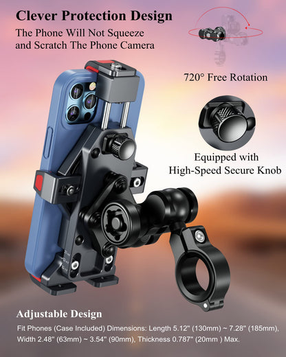 BRCOVAN Anti-Theft Aluminum Alloy Motorcycle Phone Mount with Vibration Dampener & High-Speed Secure Lock, Adjustable Bike Handlebar Cellphone Holder for Bicycle Scooter ATV, Fit 4.7-7.2'' Smartphone