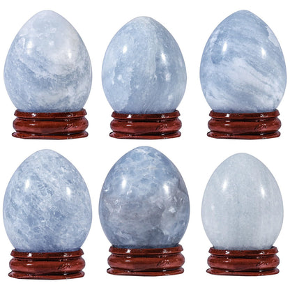 Sportmusies Natural Blue Celestite Stone Egg with Wood Stand, Polished Reiki Stone Egg Figurine Decoration for Home Desk Meditation, 2-2.36 inches