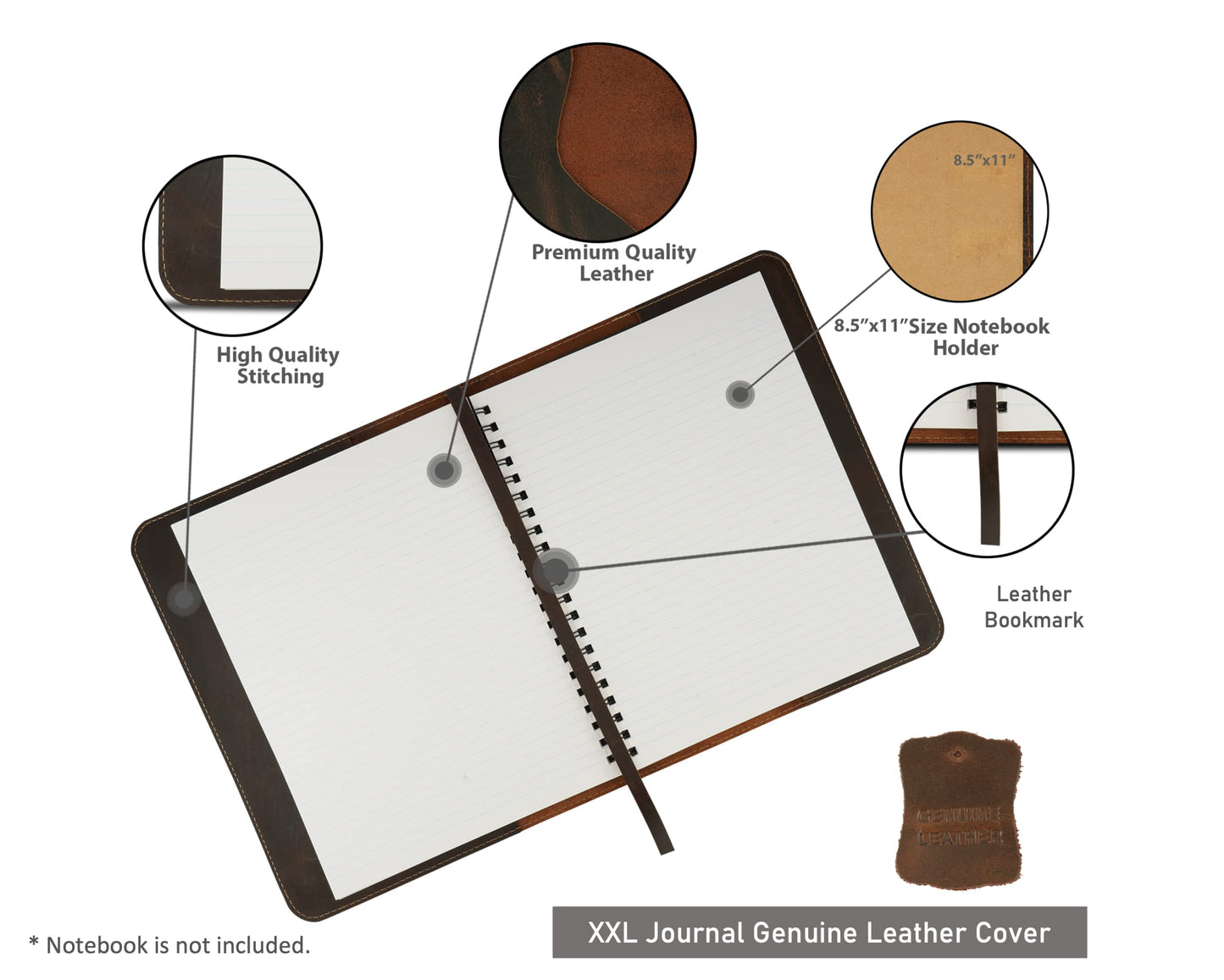TheAntiq Large Leather Journal Cover for Hard Cover Notebook 8.5 x 11 - Handmade Rustic, Full Grain Leather Journal Cover Notebook Refillable (Brown)