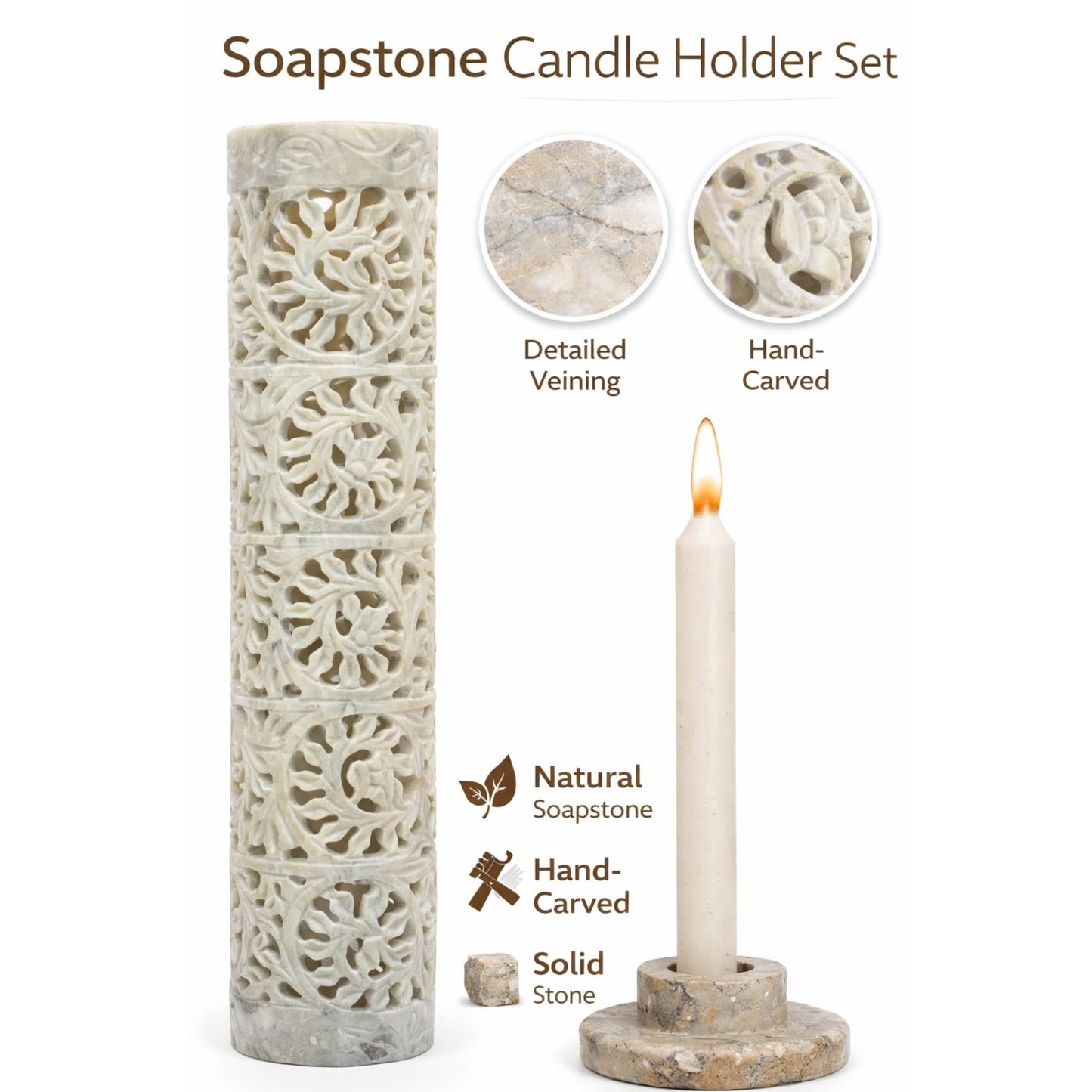 Carry Me Marble Soapstone Incense Stick Holder | Candle Burner | Tea Light Holder - Perfect Handmade Floral Carving for Gifting. Decorative Home and Office Decor.(3 x 3 x 11 Inches)
