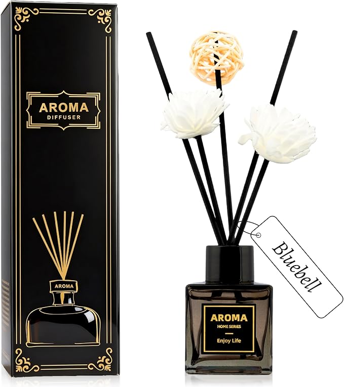 Black Glass Bottle Scent Diffuser, 1.7 oz Reed Diffuser with Sticks, Home Fragrance for Bookshelf, Bedroom Vanity, Office Desk & Bathroom Decor, Air Freshener for Aesthetic Room Decor (Bluebell)