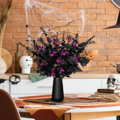 Giegxin 10 Pcs Halloween Floral Picks Halloween Decorations 19.5inch Black Artificial Flowers Branches Eucalyptus Stems Glitter Spiderweb Maple Leaf Stems for Home Indoor Party Vase Arrangement Decor