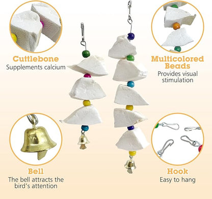 BNOSDM Bird Toys with Cuttlebone 4 Pack Hanging Cuttle Bone Chew Toys Natural Bird Beak Grinding Stone Parakeet Calcium Toys Bird Cage Accessories for Budgies Cockatiels Lovebirds Conures Parrots (9)