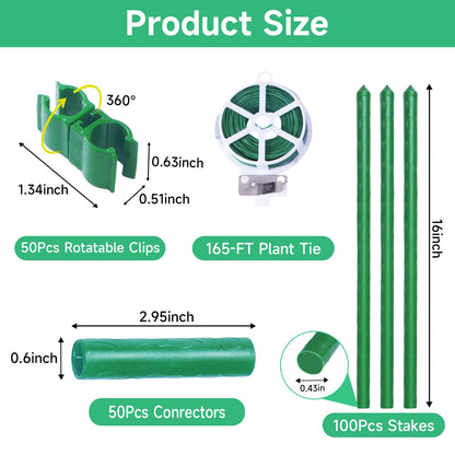 100 Pcs Tomato Stakes 16 Inch Garden Stakes for Outdoor Plants Support Plastic Coated Metal Plant Stakes Supports for Climbing Potted Plants with 50 Connectors 50 Rotatable Clips 165 Ft Twist Tie