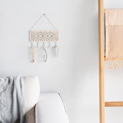 Mkono Macrame Bedside Caddy Storage Organizer Boho Remote Control Tablet Magazine Holder and Key Holder for Wall Decorative Small Macrame Key Holder Boho Home Decor