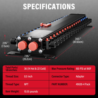 50363 36-Port PEX Manifold | Compatible with viegamanabloc | 22 Cold 14 Hot Full-House Water Distribution |3/4" Inlet 1/2" Zero Lead Alloy PEX Crimp | Leak-ProofValves & Chlorine Resistant