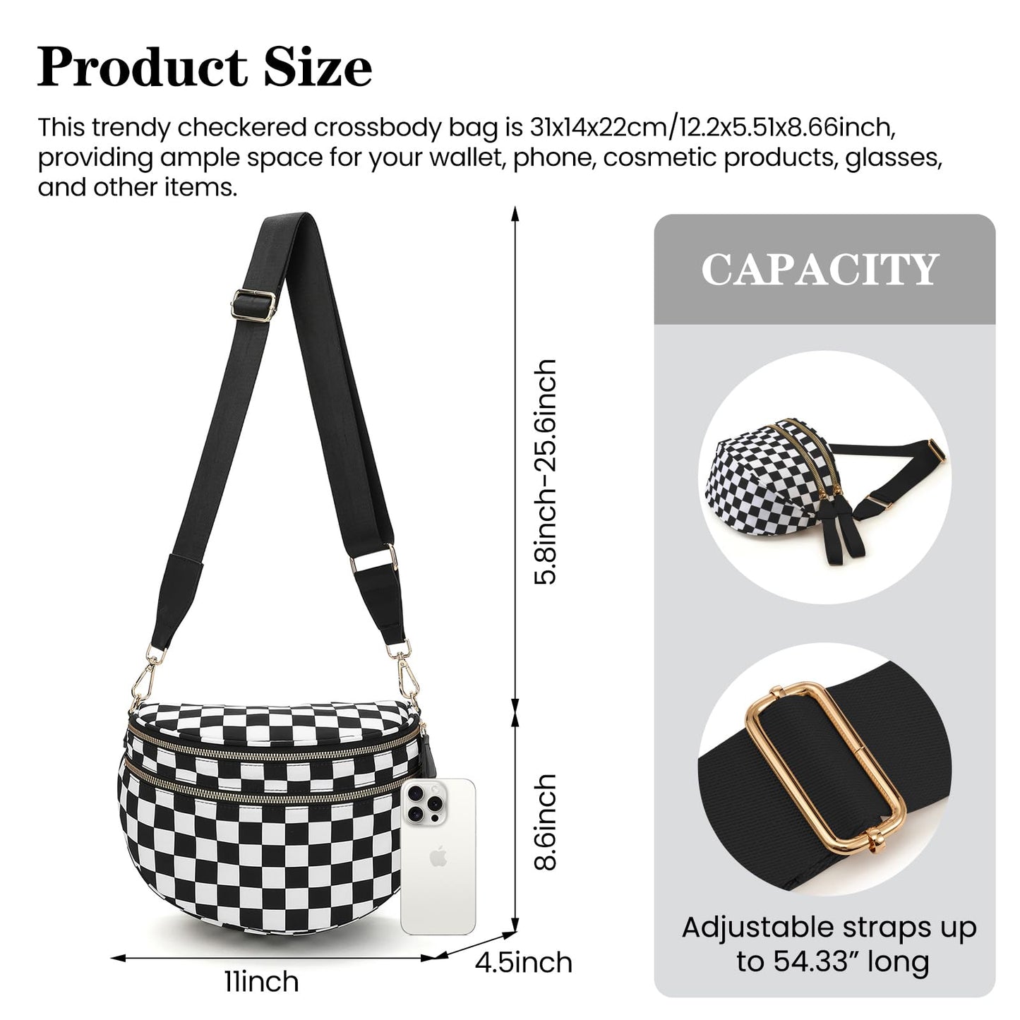Nylon Crossbody Bags Bum Bag for Women Large Sling Bag Purse with Adjustable Strap（Black）