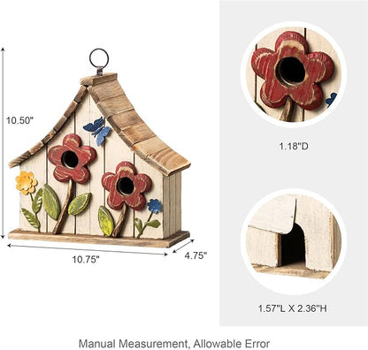 Glitzhome Bird Houses for Outside, 10.75" L Distressed Solid Wood Hanging Birdhouse with 3D Flowers Rustic Two-Story Townhouse Hand-Painted Garden Bird Houses for Outdoors,Washed White