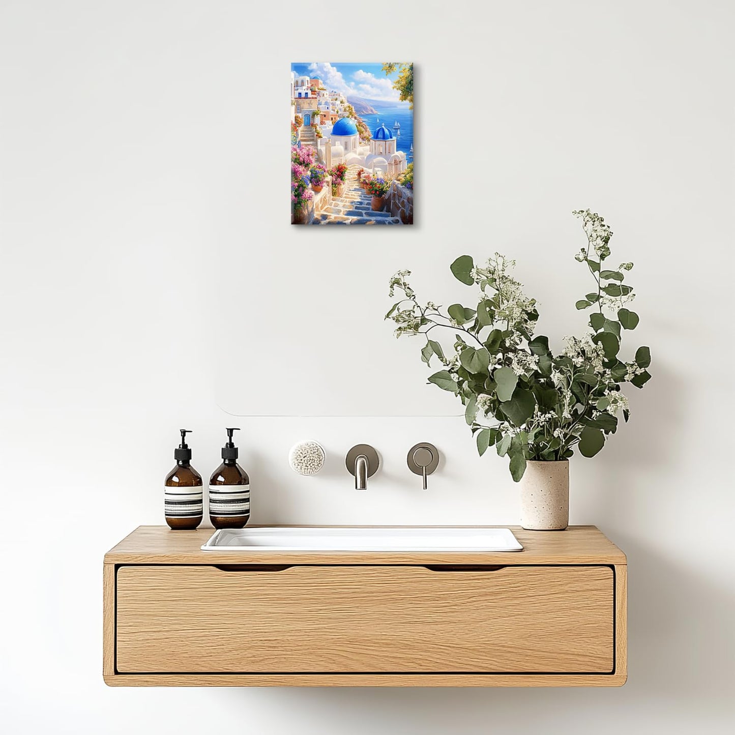 Greek wall art, Greece Santorini Pictures Wall Decor, Ocean Canvas Prints Painting, Framed Beach Artwork for Bathroom Bedroom Living Room Kitchen Dinning Room Office Home Decoration 12x16
