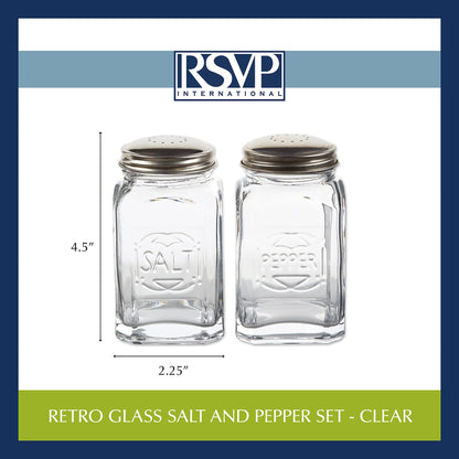 RSVP International Jumbo Retro Glass Salt & Pepper Shaker, Screw On Stainless Steel Lid, Each Shaker Holds 8 Ounces, Clear, 2.25x2.25x4.3, 2 Piece