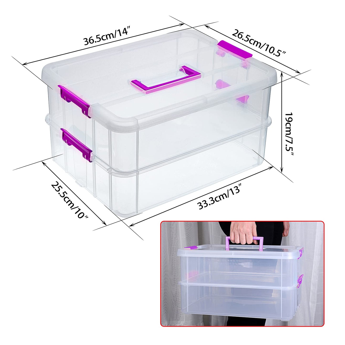BTSKY 2 Layer Stack & Carry Box, Plastic Multipurpose Portable Storage Container Box Handled Organizer Storage Box for Organizing Stationery, Sewing, Art Craft, Jewelry and Beauty Supplies(Purple)