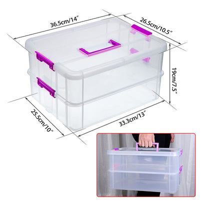 BTSKY 2 Layer Stack & Carry Box, Plastic Multipurpose Portable Storage Container Box Handled Organizer Storage Box for Organizing Stationery, Sewing, Art Craft, Jewelry and Beauty Supplies(Purple)
