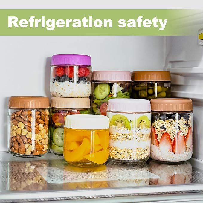 SHOWIN Overnight Oats Containers with Lids, 16oz Glass Jars with Lids 4 pcs, Taffy, Wide Mouth Mason jars for Salad, Yogurt, Snacks, Meal Prep